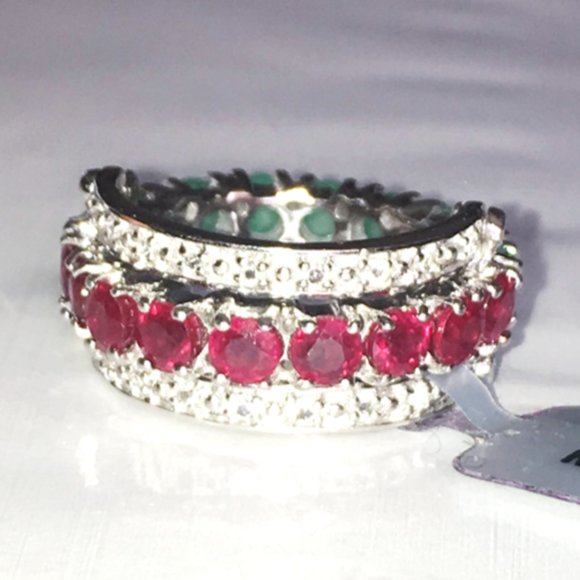 REVERSIBLE Emerald & Ruby Ring .925 Sterling Silver Genuine Gemstones - Picture 9 of 9